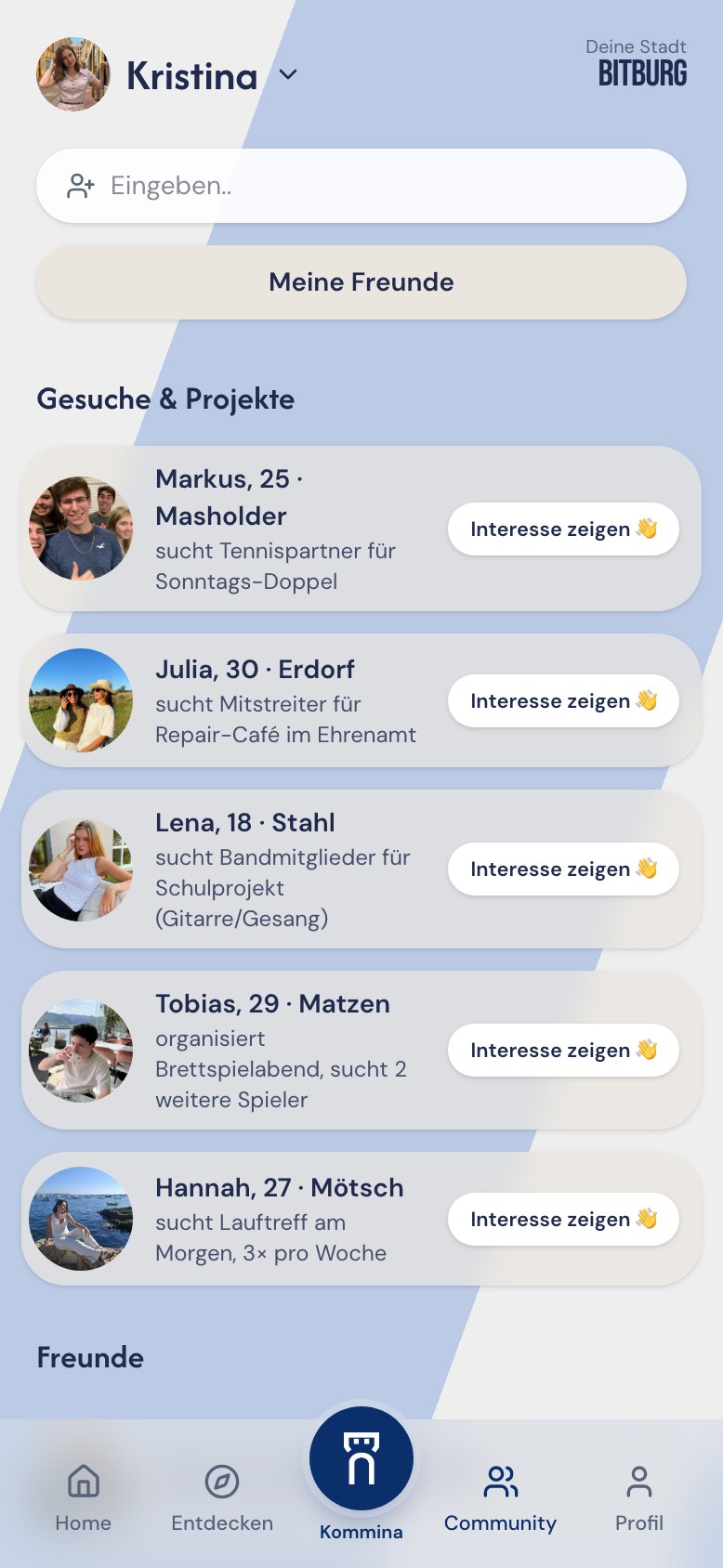 Bitburg-Connect-App: Community-Bereich mit Gesuchen und Projekten aus Bitburg