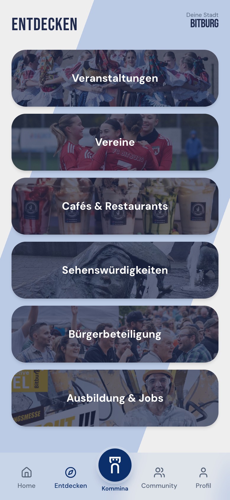 Bitburg-Connect-App: Entdecken-Bereich mit Veranstaltungen, Vereinen, Cafés und Ausbildung