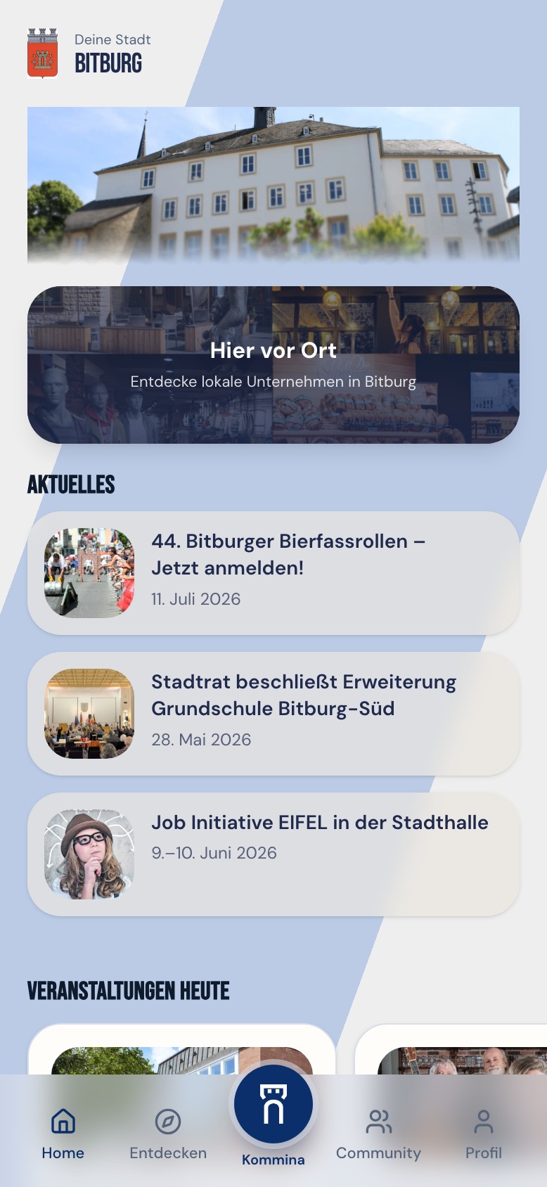Bitburg-Connect-App: Startbildschirm mit Neuigkeiten und Veranstaltungen aus Bitburg